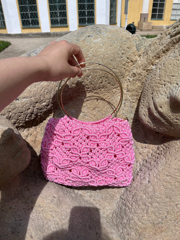 Pink Blossom Macrame Handbag with Metal Handle