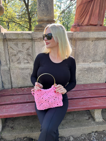 Makramee-Tasche Pink Blossom mit Metallgriff