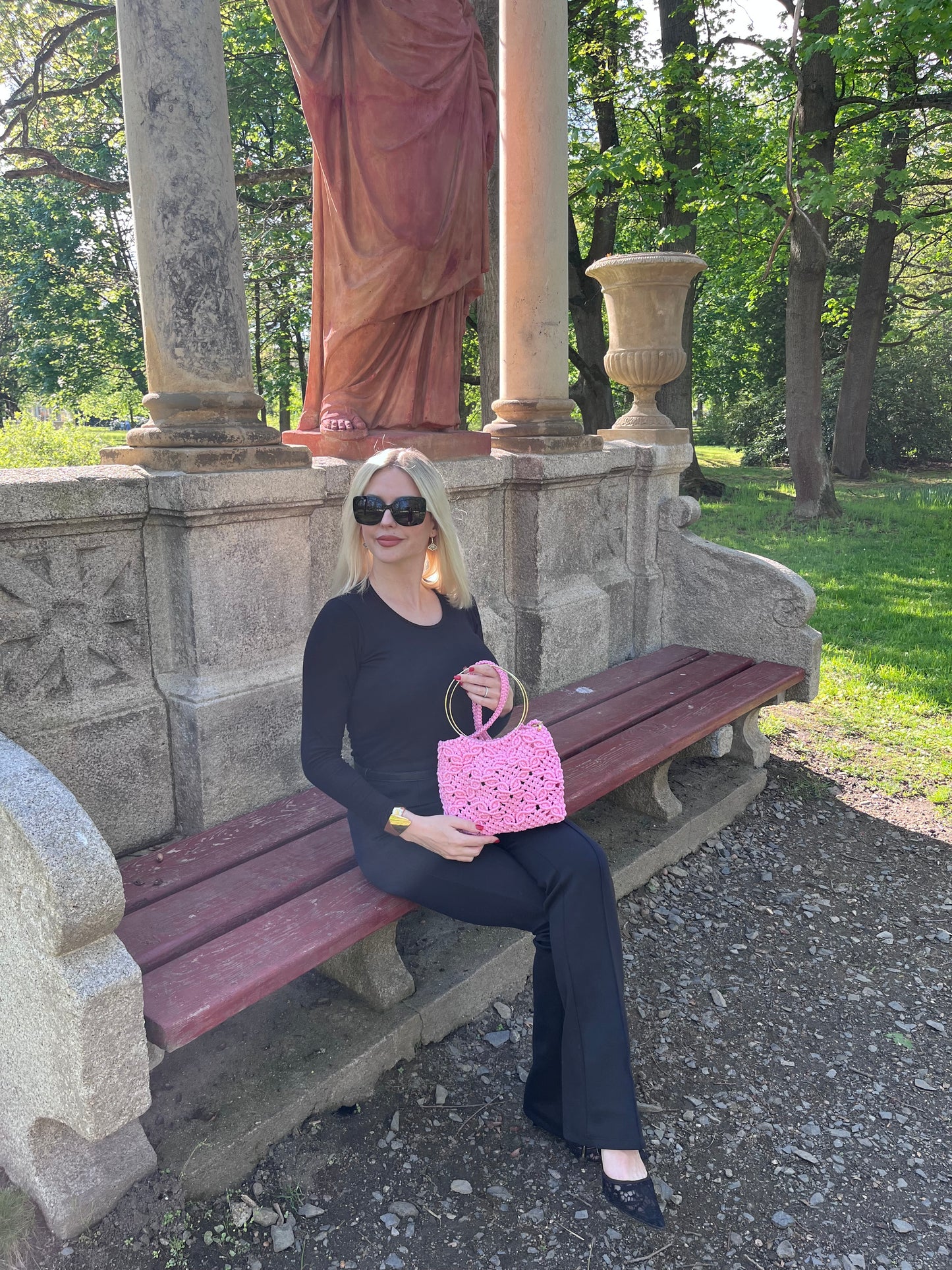 Makramee-Tasche Pink Blossom mit Metallgriff