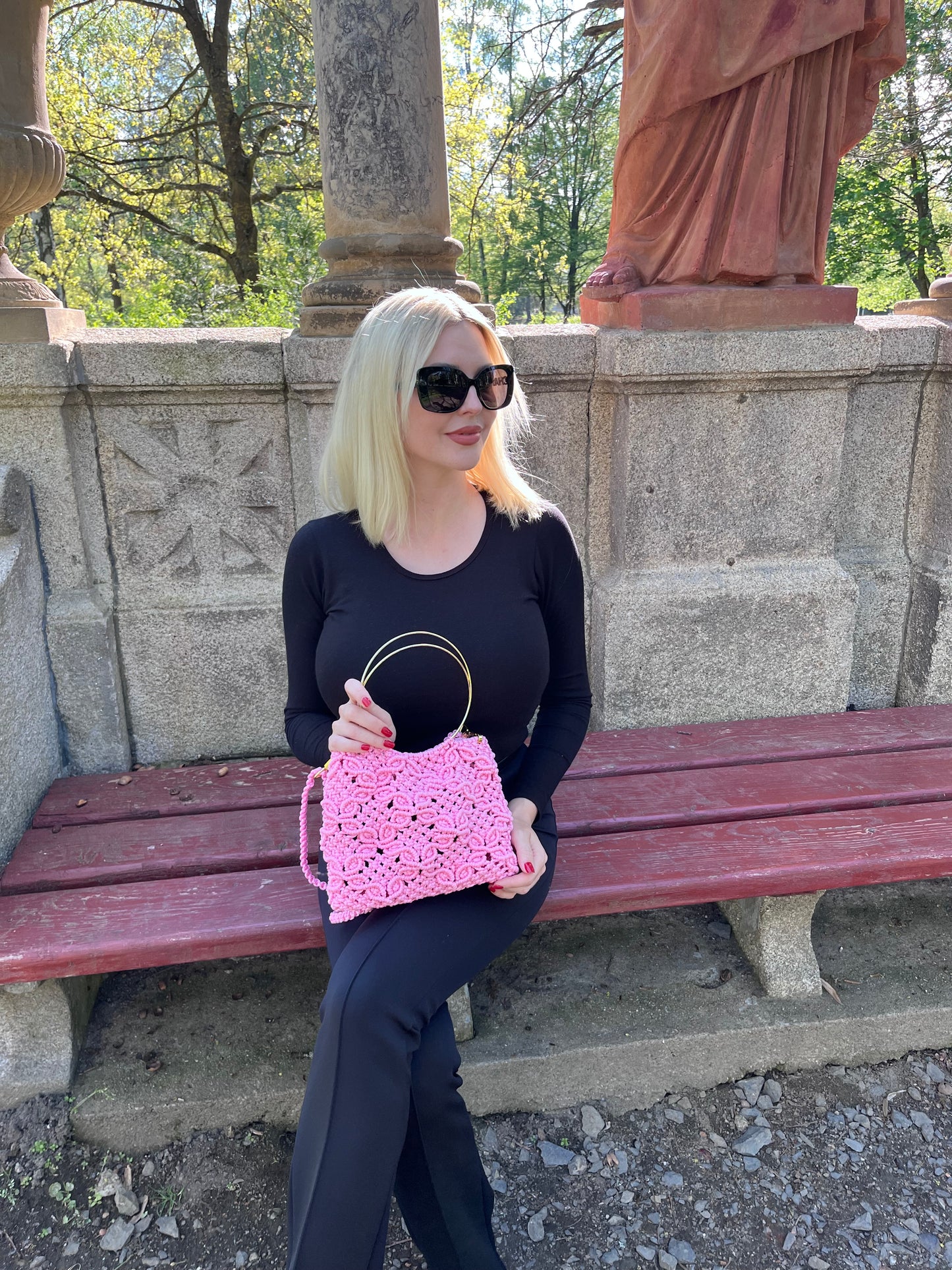 Makramee-Tasche Pink Blossom mit Metallgriff