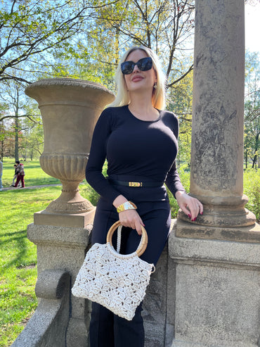 Natural Lace Macrame Handbag with Rattan Handle